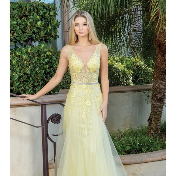New Sleeveless Mermaid Prom Tulle Gown w/ Floral Applqiue & Deep V-Neck DQ 4311 - Picture 7 of 9